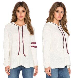 Free People Linen Love All Hoodie Pullover Ivory Burgundy Combo Knit Size Small